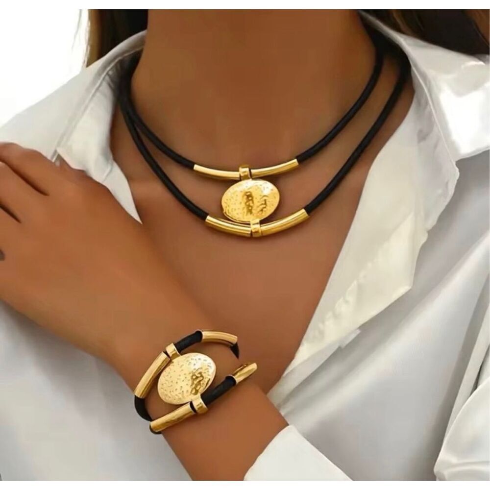 Zara Gold-Accent Black Vegan Leather Necklace & Bracelet Set NWOT